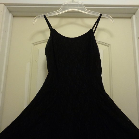 COQUETTE CLUBWEAR BODY EXTERIORS BLACK LACEY STRETCH FLARE DRESS SMALL - Picture 2 of 11